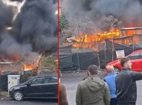 Sarıyer’de Alevlere Teslim Olan Oto Tamirhanesinde Şok Görüntüler!